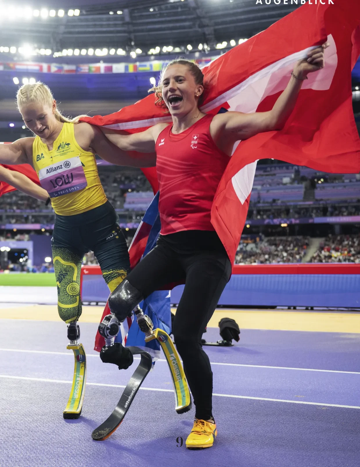 L. to r.: Martina Caironi (Italy), Vanessa Löw (Australia) and Elena Kratter (Switzerland) after the women’s long-jump final, category T63, Paris, Stade de France, 5 September 2024.