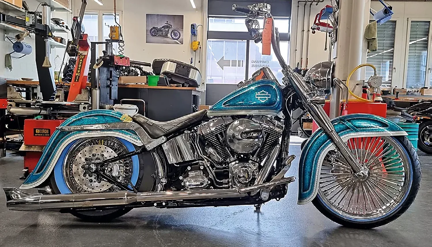 Left, view with the Screamin’ Eagle air filter, side view; right, rear view. The one-of-a-kind Chicano Harley is almost finished.