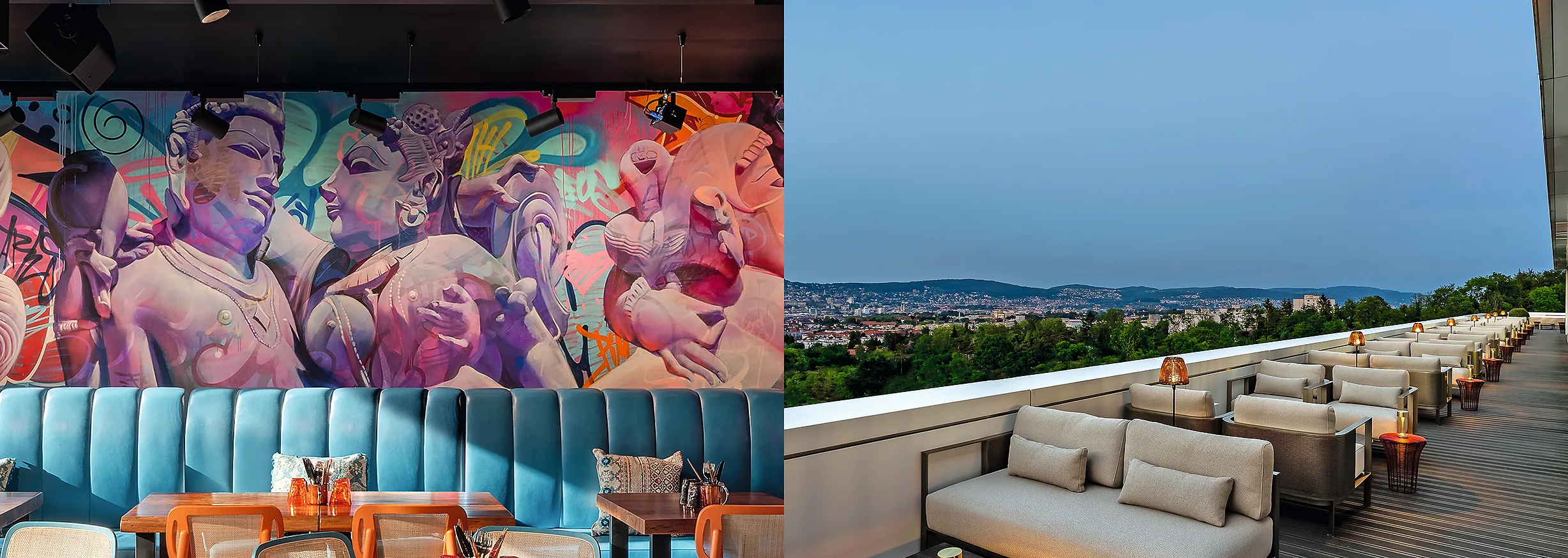 Street art and sweeping views: a penthouse mural and the rooftop terrace overlooking Zurich. Photo: Hotel Five