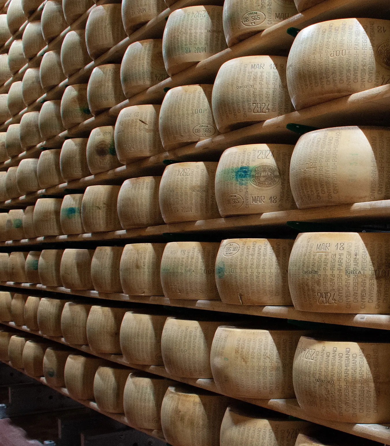 Une halle remplie de meules de parmigiano reggiano: un spectacle fascinant – chaque meule affine des années durant.