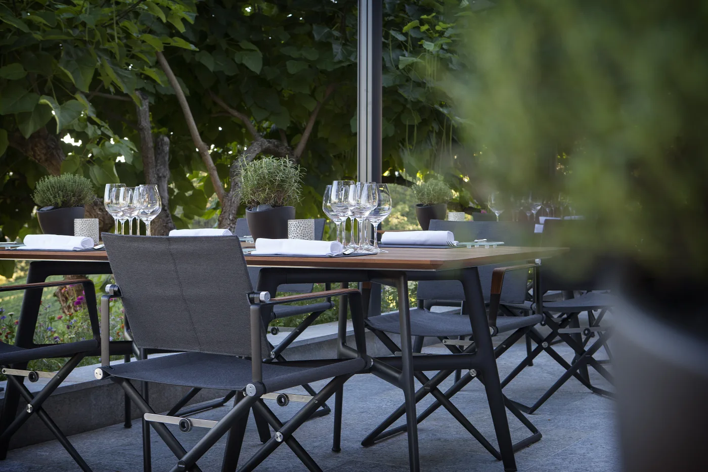 A timeless place: the terrace of the Domaine de Châteauvieux above the Rhône, in the Geneva countryside.